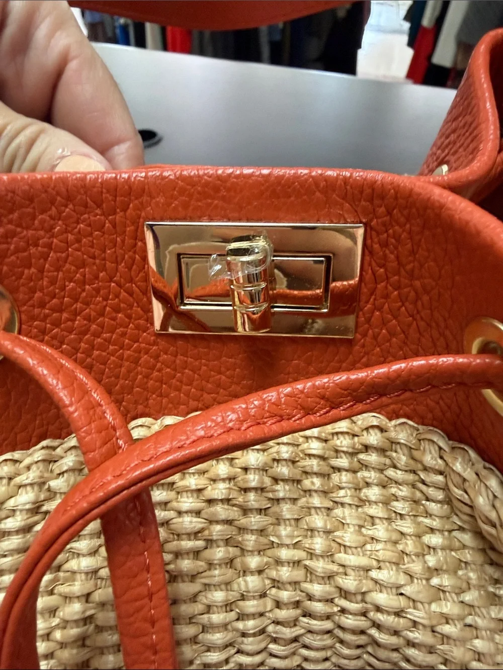 Textured Straw-Front Hobo Bag in Orange